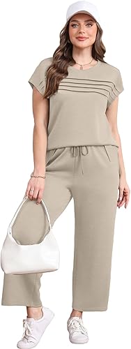 WIHOLL Two Piece Sets for Women Summer Spring Travel Vacation Outfits Cap Sleeve Lounge Matching Sets Wide Leg Pants