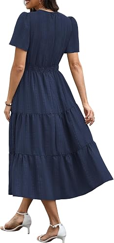RUMIA Women Casual Midi Maxi Dresses Short Sleeve V Neck Elastic Waist Vacation Dress Pockets