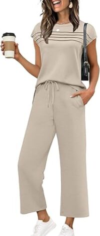 WIHOLL Two Piece Sets for Women Summer Spring Travel Vacation Outfits Cap Sleeve Lounge Matching Sets Wide Leg Pants