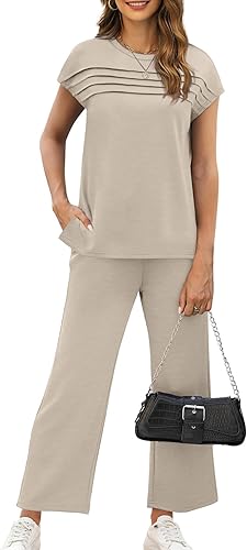 WIHOLL Two Piece Sets for Women Summer Spring Travel Vacation Outfits Cap Sleeve Lounge Matching Sets Wide Leg Pants