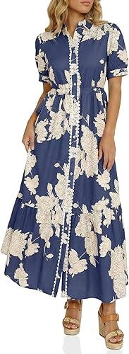 Wenrine Womens Casual Shirt Dress Floral Collared Short Sleeve Button Down Drawstring Waist Loose Summer Maxi Dresses