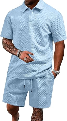 Men's 2 Pieces Outfits Casual Polo Shirt and Shorts Set Collar Athletic Jogging Summer Tracksuit