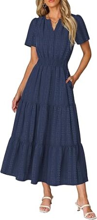 RUMIA Women Casual Midi Maxi Dresses Short Sleeve V Neck Elastic Waist Vacation Dress Pockets