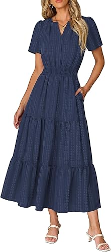 RUMIA Women Casual Midi Maxi Dresses Short Sleeve V Neck Elastic Waist Vacation Dress Pockets