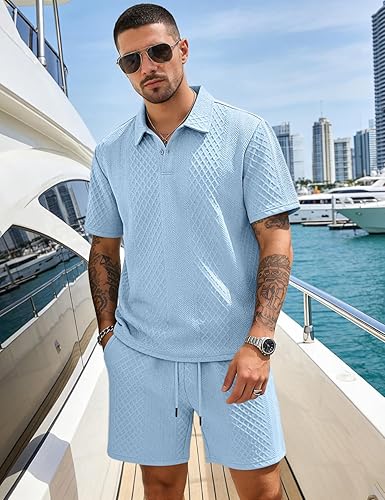 Men's 2 Pieces Outfits Casual Polo Shirt and Shorts Set Collar Athletic Jogging Summer Tracksuit