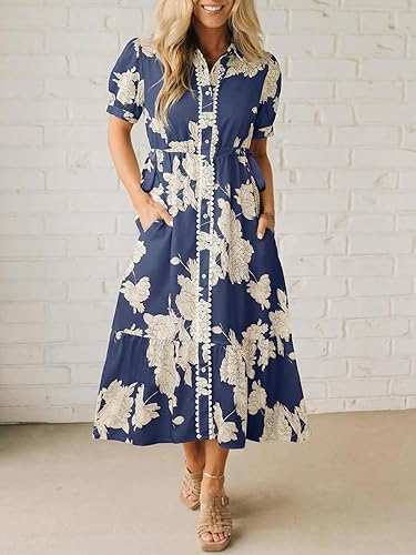 Wenrine Womens Casual Shirt Dress Floral Collared Short Sleeve Button Down Drawstring Waist Loose Summer Maxi Dresses