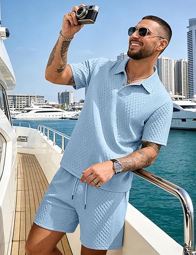 Men's 2 Pieces Outfits Casual Polo Shirt and Shorts Set Collar Athletic Jogging Summer Tracksuit