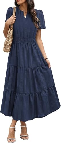RUMIA Women Casual Midi Maxi Dresses Short Sleeve V Neck Elastic Waist Vacation Dress Pockets