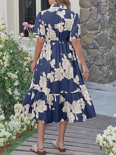 Wenrine Womens Casual Shirt Dress Floral Collared Short Sleeve Button Down Drawstring Waist Loose Summer Maxi Dresses