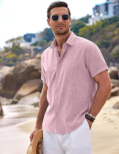 COOFANDY Men's Linen Shirts Short Sleeve Casual Shirts Button Down Shirt for Men Beach Summer Wedding Shirt - Image 4