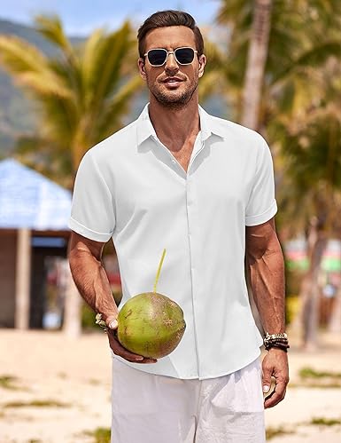 COOFANDY Men's Linen Shirts Short Sleeve Casual Shirts Button Down Shirt for Men Beach Summer Wedding Shirt - Image 2