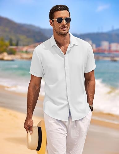 COOFANDY Men's Linen Shirts Short Sleeve Casual Shirts Button Down Shirt for Men Beach Summer Wedding Shirt - Image 3