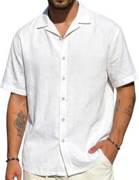 Mens Cotton Linen Shirt Casual Lightweight Button Down Shirt Short Sleeve Summer Beach Vacation Tops