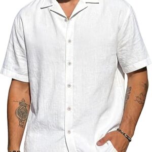 Mens Cotton Linen Shirt Casual Lightweight Button Down Shirt Short Sleeve Summer Beach Vacation Tops