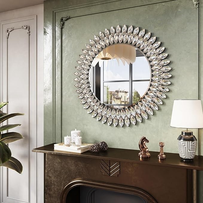 Fobule 24"x36" Mirror for Wall, Scalloped Corners Rectangle Decorative Mirror, Metal Beaded Frame Accent Wall Decor for Bathroom, Entryway, Mantel, Antique Gold