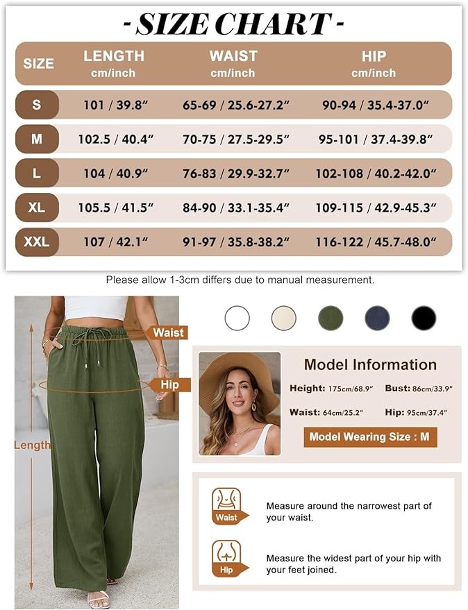 Jyanl Womens Linen Pants Casual Wide Leg Pants Summer Palazzo Pants Loose Flowy Beach Pants Drawstring Elastic Trousers